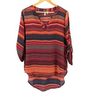 Cato Chiffon High Low Tunic Top Blouse Boho Southwestern Aztec Desertcore Red M